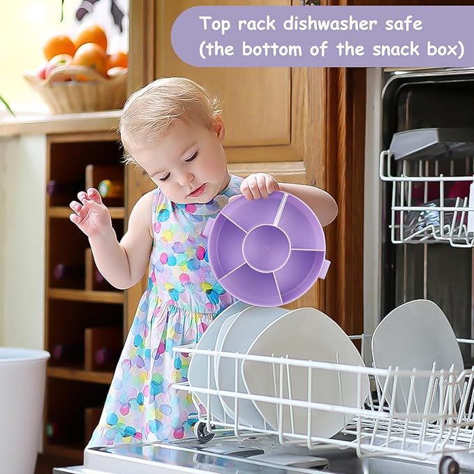 JOOPETALK Kids' Rotating Snack Container Set – 2-Pack, Includes 1 Rotating Snack Container & 1 Round Sectioned Snack Box, BPA-Free, Dishwasher Safe, Perfect for Travel-Purple