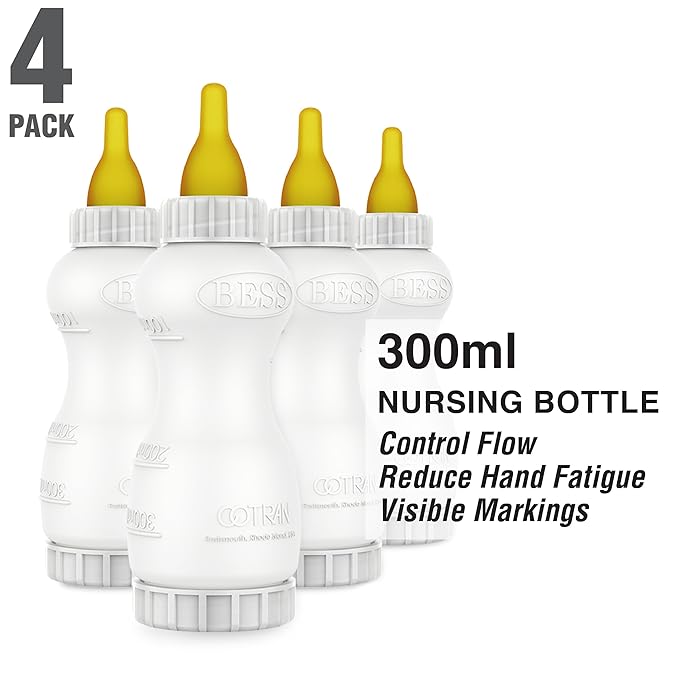 BESS Small Animal Nursing Bottle, No Leak Nipple with Insert, Wide Mouth Bottom Cap Easy Fill and Clean, Control Flow, Non-Collapsing (10oz, 4pk)