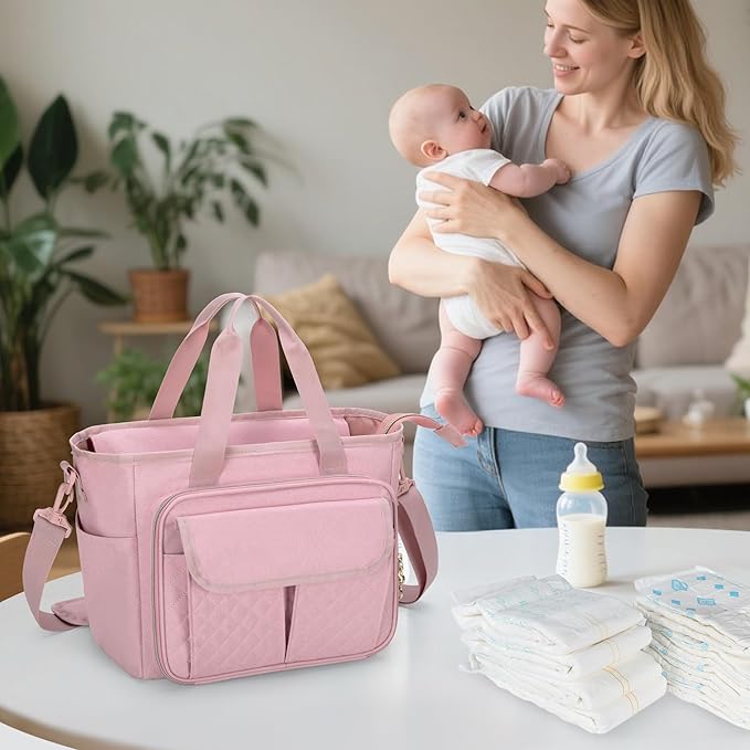 LUXJA Large Wearable Breast Pump Bag with a Waterproof Mat for Wearable Breastfeeding Pump, Carrying Tote Bag with Multiple Pockets for Hands Free Breast Pump and Extra Parts, Pink