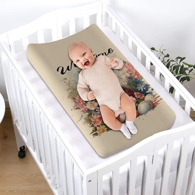 Easter Rabbit Print Changing Pad Cover Change Table Covers for Baby Girls Green Hat Soft Breathable Changing Pad Sheets Cover