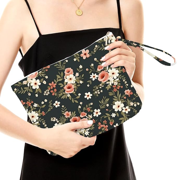 Fokongna Floral Print Wet Bag, Small Portable Waterproof Multi-Functional Organizer for Women, Black Background Pink Floral, Ideal for Daily, Beach & Travel