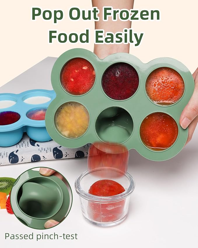 Baby Food Freezer Tray with Lid, 6 x 3 Ounce Silicone Freezer Molds Storage Container for Homemade Baby Food, Breast Milk, Fruit Puree & Vegetables (Green)