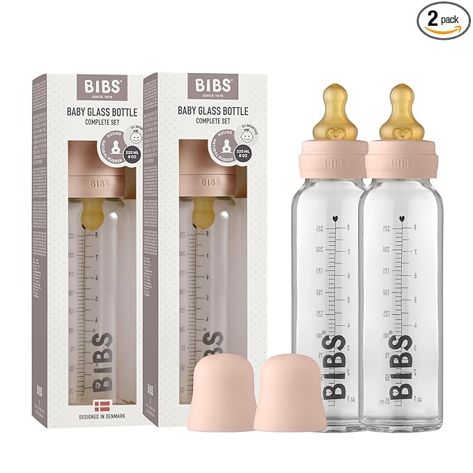 Bibs Baby Glass Bottle | Anti-Colic Borosilicate Glass Bottles | Natural Vented Round Natural Rubber Latex Nipple | Consistent Flow Rate | 7.6 oz/225 ml | 2 Pack | Blush
