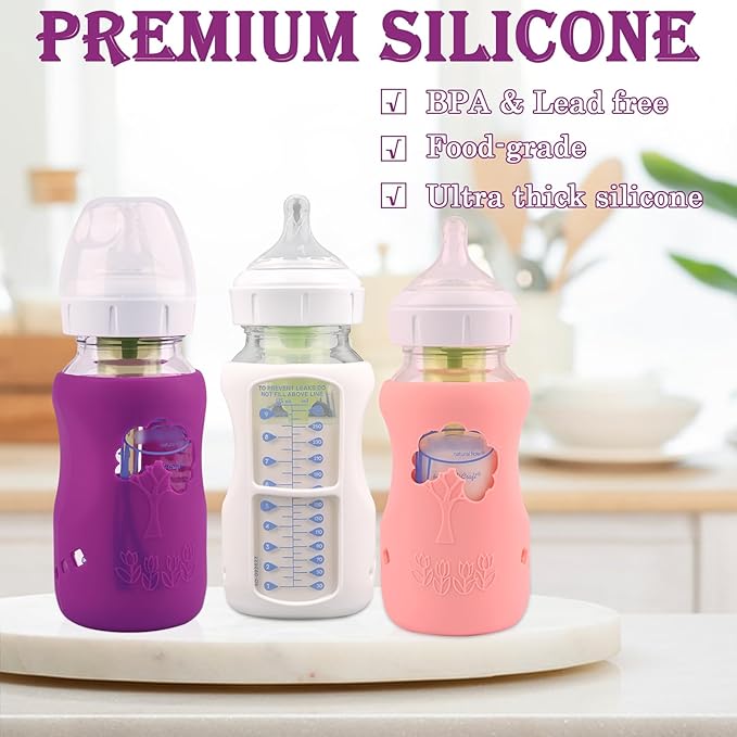 3 Pack Silicone Sleeves for Dr. Brown's Natural Glass Baby Bottles, Anti Breakage Baby Bottle Holder, Compatible Dr. Brown Wide-Neck Glass Baby Bottles 9 oz (White+Pink+Purple)