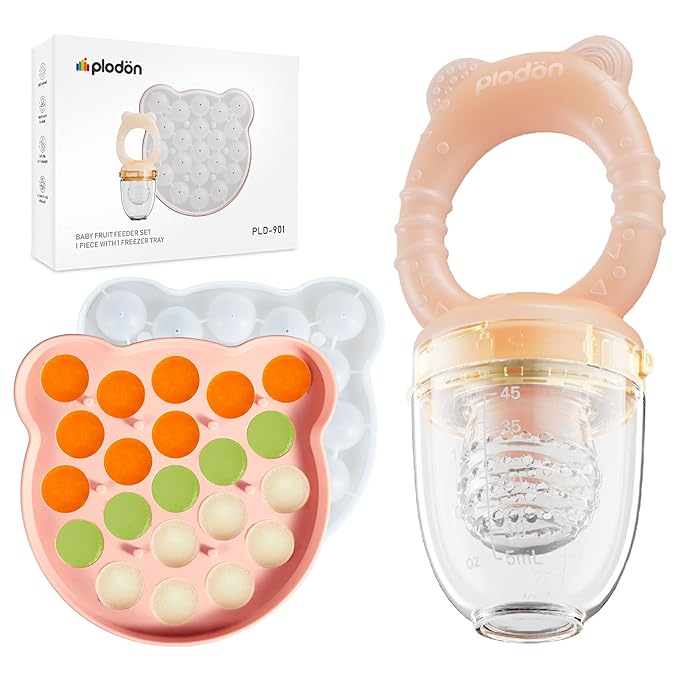 Baby Fruit Feeder& Teether with Freezer Tray Combo, BPA-Free Silicone Food Feeder for 4+ Months, Breastmilk Popsicle Molds for Teething Relief, Dishwasher Safe Baby Food Freezer Tray with Lid