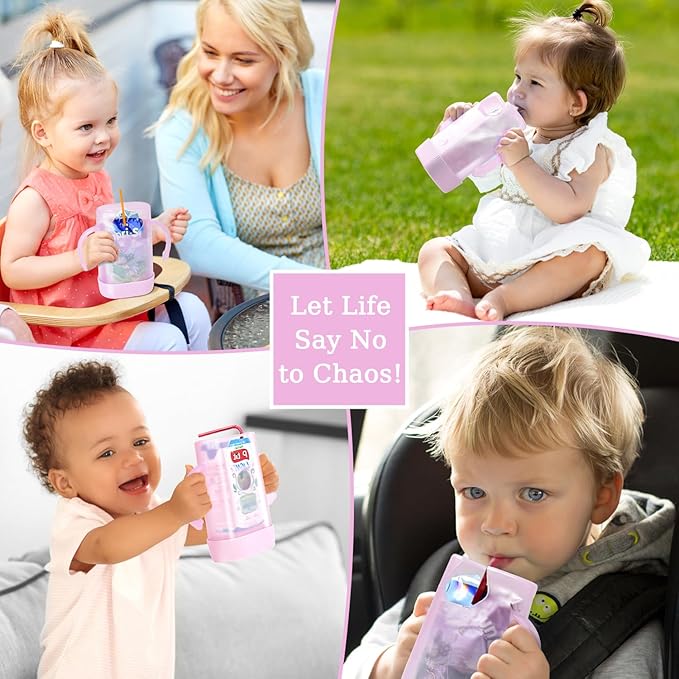 MOMUSE Dual-Lid Squeeze Pouch Holder for Food Pouches & Drink Boxes, Baby Pouch Holder with Larger Capacity, Versatile Design for Self-Feeding, Anti-Squeeze Pouch Holder No Spill No Mess, Pink