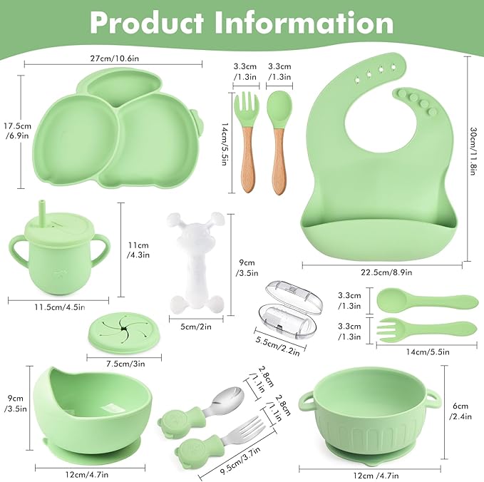 Silicone Baby Feeding Set 15 Pcs，Baby Spoons Suction Bowl Divided Plate Bib Cup Finger Brush Training cups,Baby Led Weaning Supplies（green）
