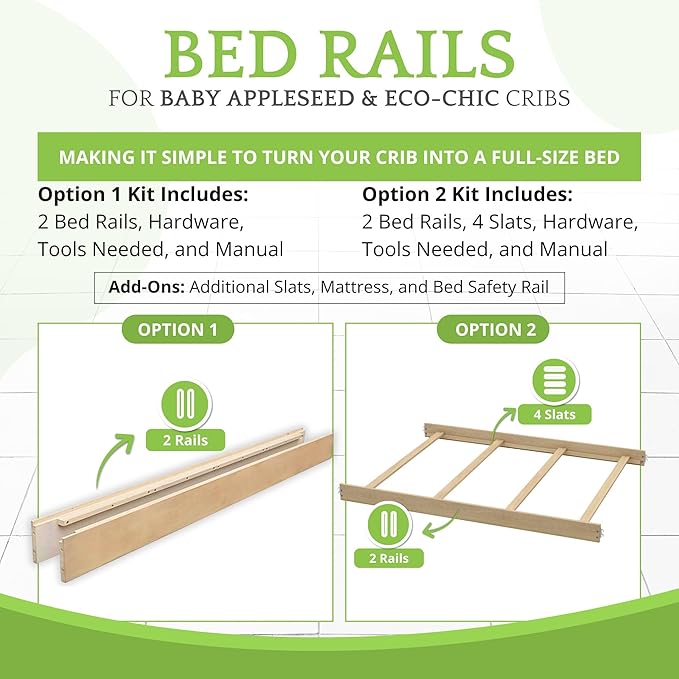 Full-Size Conversion Kit Bed Rails for Baby Appleseed and Eco-Chic Convertible Cribs - Solid Wood Rail - Toddler & Adult Bed Rail for Full-Size Beds - Nursery Baby Furniture (Unfinished, Hook-On Kit)