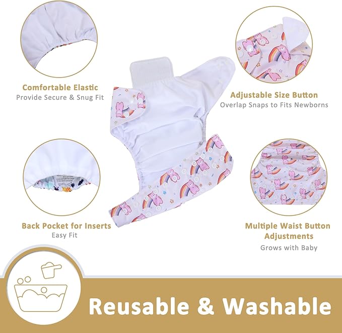 TDIAPERS Cloth Diapers Reusable Washable Pocket Diapers Cover One Size Adjustable for Baby Snaps Cloth Diapers Nappy 6 Pack with 6 Pcs Microfiber Inserts,1 Wet Bag