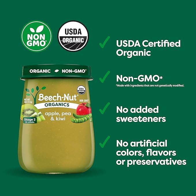 Beech-Nut Organic Baby Food Jars, Organic Apple Pea & Kiwi Baby Puree, Stage 2 for Babies 6 Months and Up, Non-GMO, 4oz Glass Baby Food Jars, 10ct