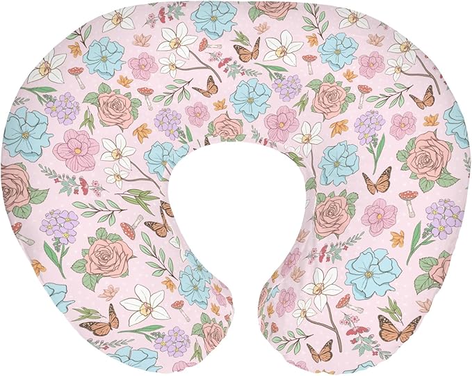 Vintage Wildflowers Baby Nursing Pillow Covers for Boy Girl Pink Floral Leaves Mushroom Butterflies Nursery Pillowcase for Breastfeeding Pillows Spring Garden Soft Stretchy Slipcovers for Newborn