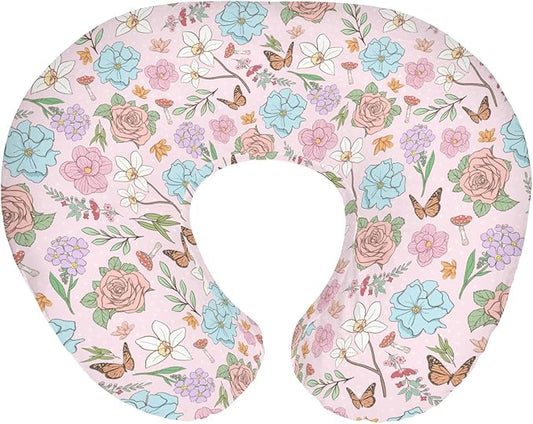 Vintage Wildflowers Baby Nursing Pillow Covers for Boy Girl Pink Floral Leaves Mushroom Butterflies Nursery Pillowcase for Breastfeeding Pillows Spring Garden Soft Stretchy Slipcovers for Newborn