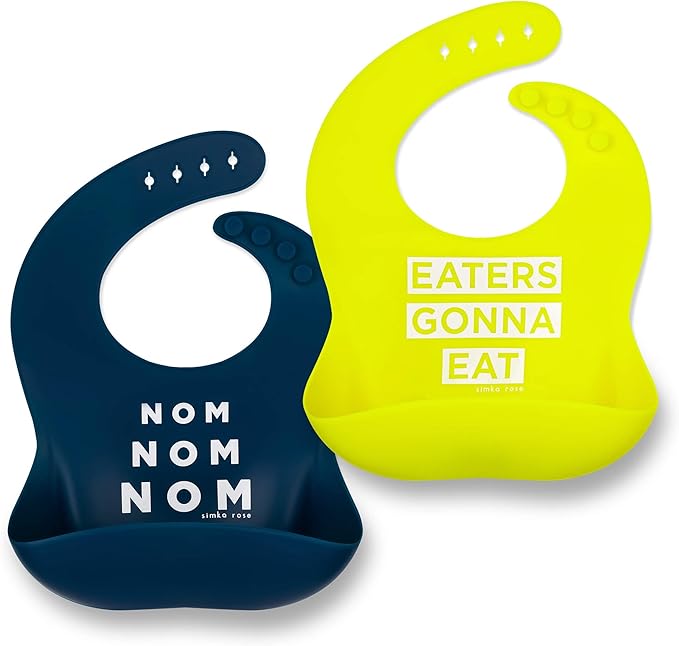Simka Rose Silicone Baby Bibs with Food Catcher - Adjustable Soft Catch All Bib for Boys & Girls - High Chair Dining Table