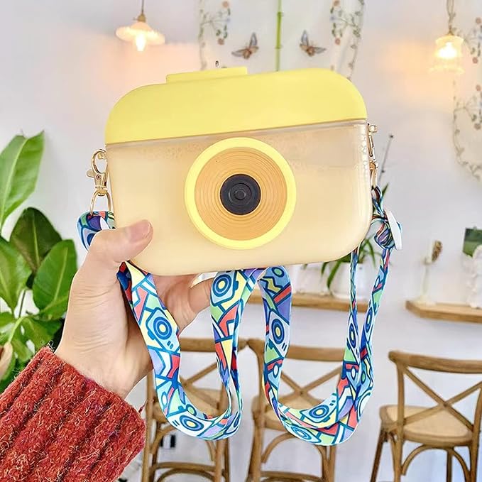 13 oz Cute Water Bottle with Straw - Camera Shape Water Cup with Adjustable Shoulder Straps - Ideal Kawaii Gift for School (Yellow)