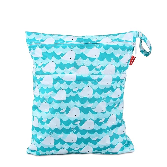 Damero Cloth Diaper Wet Dry Bag with Handle for Swimsuit, Pumping Parts, Wet Clothes and More, Ideal for Travel, Exercise, Daycare, Swimming, Reusable and Water-Resistant (Medium,Cute Whale)