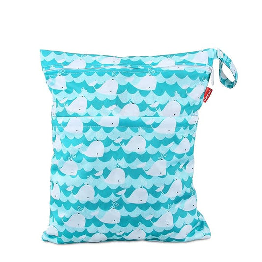 Damero Cloth Diaper Wet Dry Bag with Handle for Swimsuit, Pumping Parts, Wet Clothes and More, Ideal for Travel, Exercise, Daycare, Swimming, Reusable and Water-Resistant (Medium,Cute Whale)