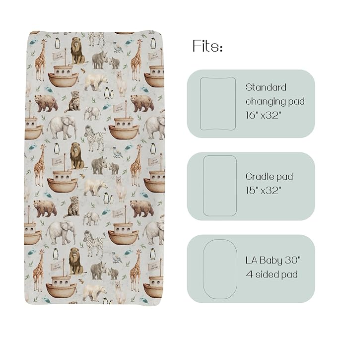 HawSkgFub Noah’s Ark Animal Boat Changing Pad Cover for Baby Girl Boy, Natural Elephant Bear Giraffe Rhino Ship Diaper Change Table Covers, Soft Safe Snug Fitted Changing Mat Sheets Fit 32"/34" x 16"