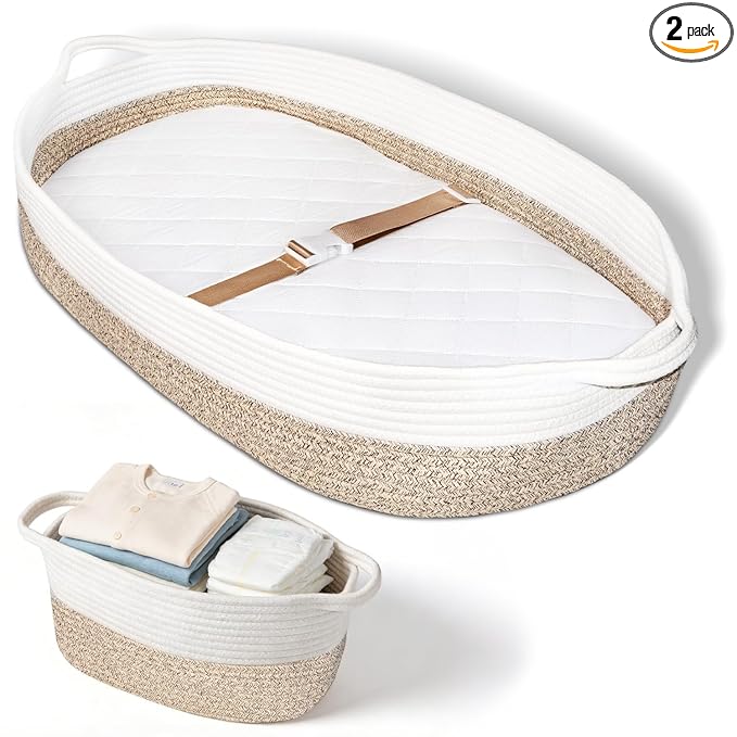 Baby Changing Basket with Diaper Caddy Changing Pad, Breathable & Waterproof Dual-Cover Foldable Portable Travel Cotton Rope Baby Changing Mat for Dresser & Table