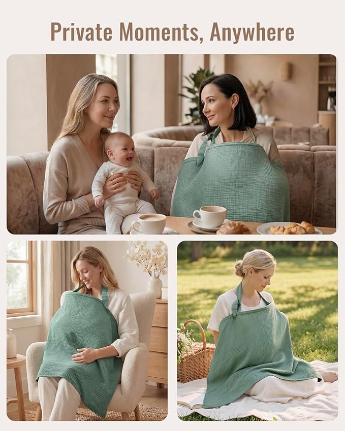 Blissful Diary Muslin Nursing Cover for Breastfeeding, Breathable Breastfeeding Cover up with Arch Neckline for Women, Nursing Apron (Roman Green)