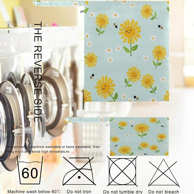 visesunny Sunflower Bee Daisy Green Leaf 2Pcs Wet Bag with Zippered Pockets Washable Reusable Roomy for Travel,Beach,Pool,Daycare,Stroller,Diapers,Dirty Gym Clothes, Wet Swimsuits, Toiletries