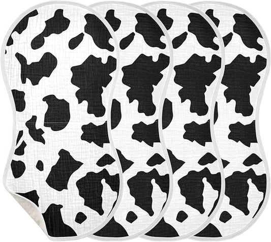 Muslin Burp Cloths for Baby Boys and Girls - 4-Pack Ultra Absorbent Cow Print Muslin Washcloths, Newborn Towel, Milk Spit Up Rags, Burp Cloth Bib for Unisex, 22 x 11 Inch