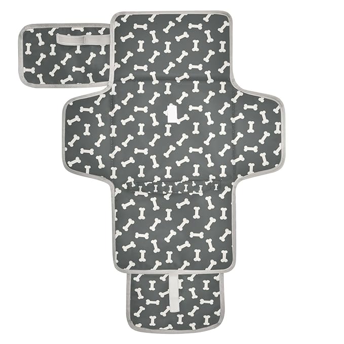 Dog Bone Themed Portable Diaper Changing Pad with Wipes Holder, Black and White Foldable Baby Diaper Changer Travel Bag Doodle Food Bones Baby Changing Mat with Built-in Pillow for Newborn