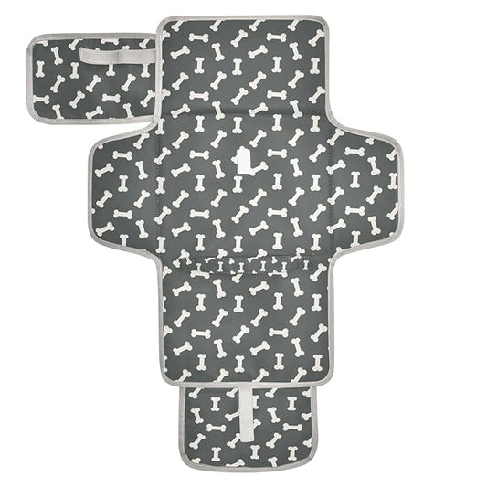 Dog Bone Themed Portable Diaper Changing Pad with Wipes Holder, Black and White Foldable Baby Diaper Changer Travel Bag Doodle Food Bones Baby Changing Mat with Built-in Pillow for Newborn