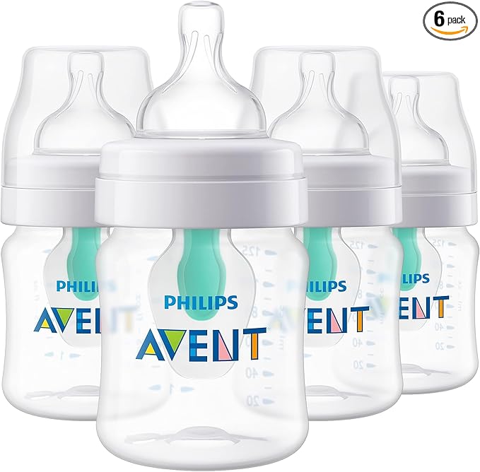 Philips Avent Anti-Colic Bottle with AirFree Vent, 4oz, with Flow 1 Nipples, 0m+, 4pk, Clear, SCY701/04 (Pack of 6)