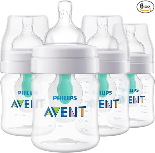 Philips Avent Anti-Colic Bottle with AirFree Vent, 4oz, with Flow 1 Nipples, 0m+, 4pk, Clear, SCY701/04 (Pack of 6)
