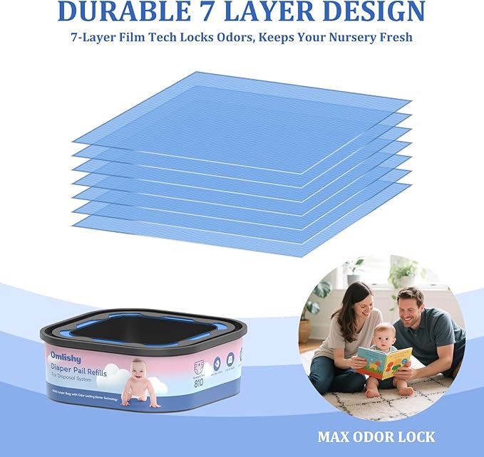 Jumbo Square Bags Refill Compatible with Diaper Genie Compact, Select Pails (Not Fit Classic), Max Odor Control, Disposal Bag Refills, Continuous Film, Holds Up to 810 Newborn Diapers, 4 Pack