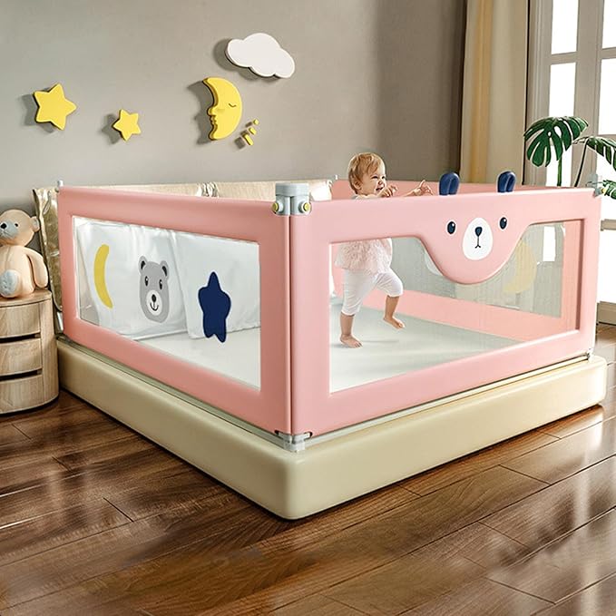 3-Piece Bed Rail for Toddlers, Foldable Baby Bed Rail Guard, Adjustable, Safety, Convenient Bed Rails, Guard Rails for Twin, Full, Queen& King Size (Pink Cartoon, 74.8x78.74x78.74 Inch)