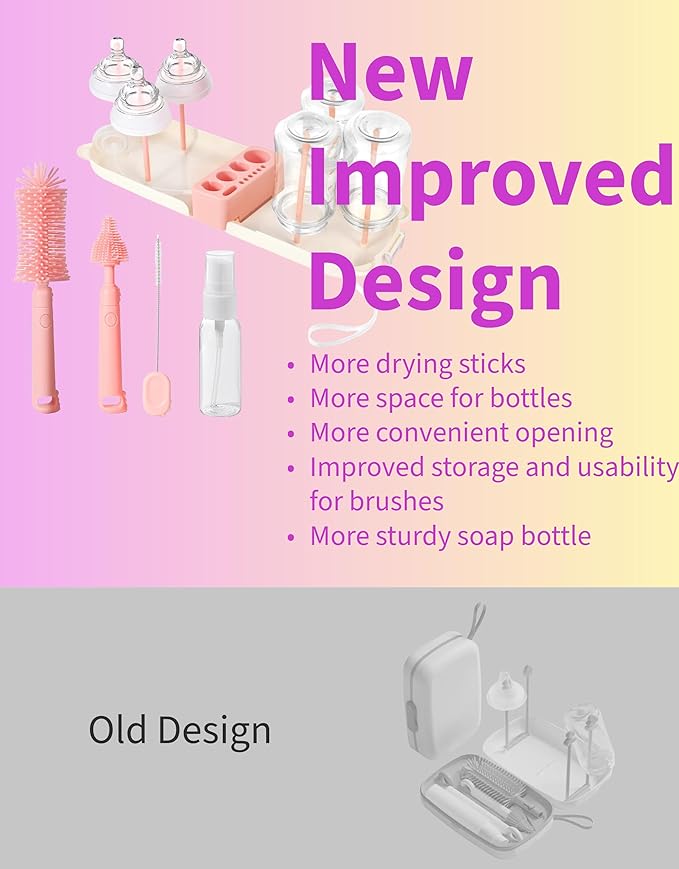 Travel Bottle Cleaner kit, 7in1 Baby Travel Gear Essential Silicone Travel Bottle Brush Set Nipple Drying Rack, Straw Breast Pump Cleaning Soap Dispenser Organizer Case Mon Gift (Pink)