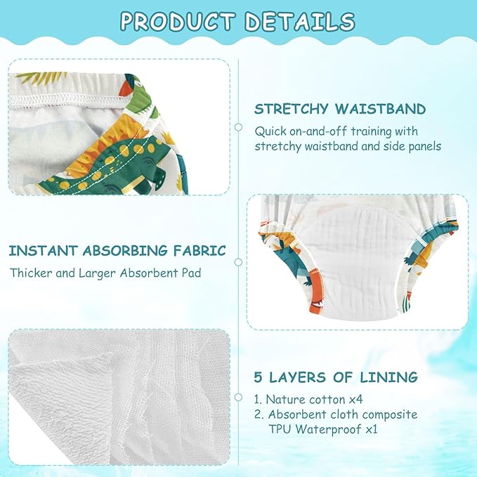 Bolaz Toddler Training Pants, Cartoon Colorful Dinosaurs Cotton Potty Training Underwear for Baby Boy Girl 3-Pack