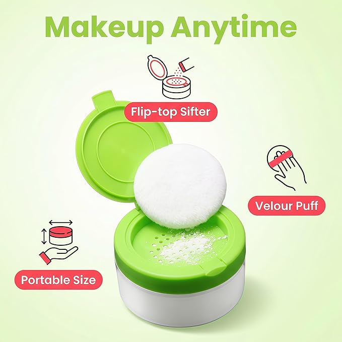 Green Plastic Empty Portable Baby Skin Care After-Bath Powder Puff Talcum Powder Case Container Dispensor Make-up Loose Powder Box Holder Bottle Container Travel Kit with Powder Puff and Sifter