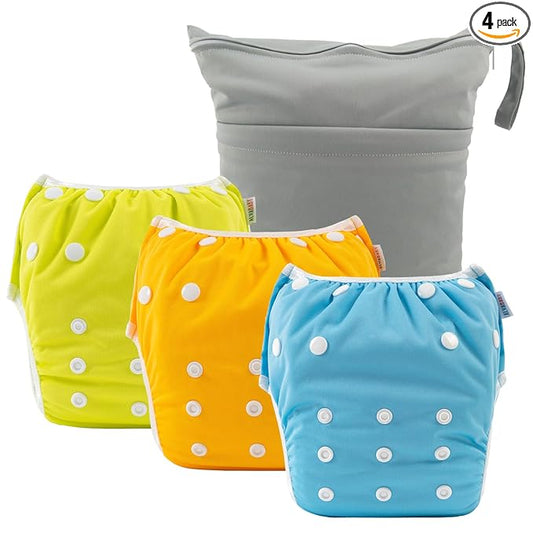 ALVABABY 3pcs Baby Swim Diapers with 1pcs Wet Bag Reuseable Washable & Adjustable for Swimming Lesson & Baby Boy and Girl 3YKL04