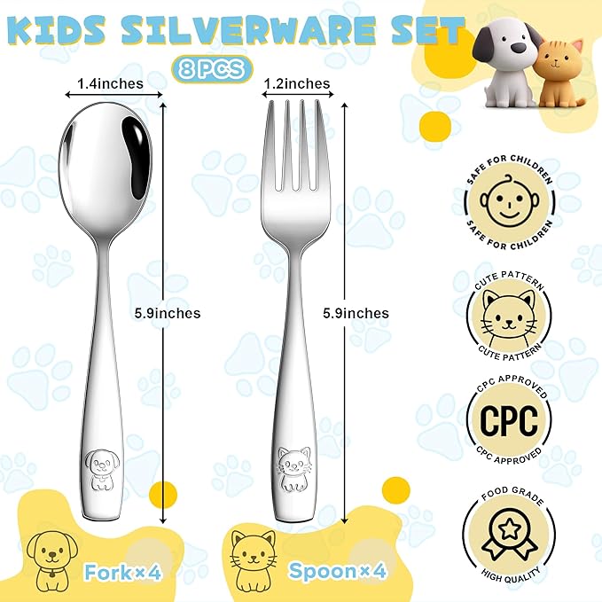 LIANYU 8 Pieces Toddler Utensils, Stainless Steel Kids Silverware Set, Food Grade Toddler Fork and Spoon Sets, Metal Kids Cutlery Set with Cute Pattern, Dishwasher Safe