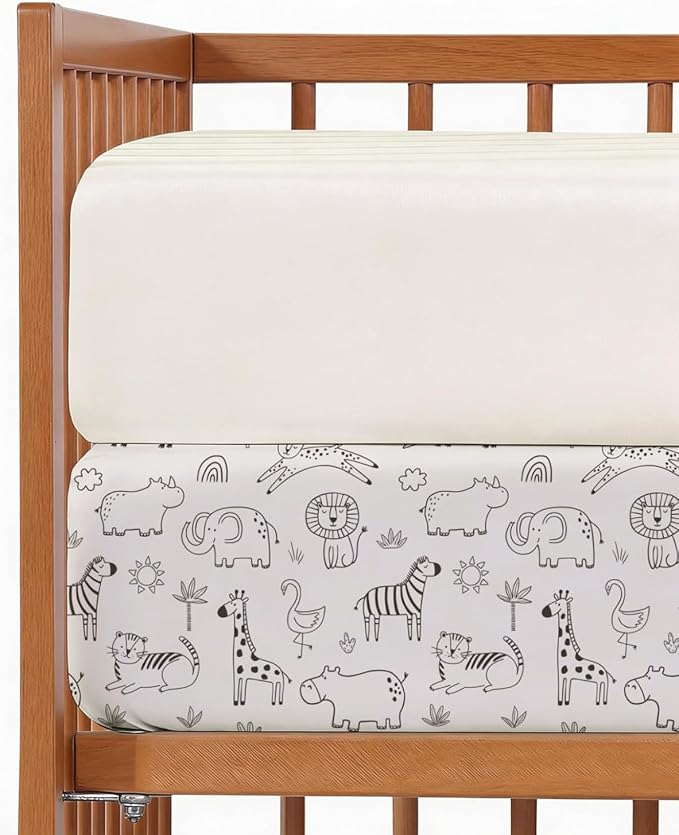 2-Pack Mini Crib Sheets Fitted - Pack N Play Sheets for Pack and Play Mattress - Stretchy Soft Microfiber Playard Bedding - Mini Toddler Bed Cover for Boys & Girls - Oeko-Tex - 38 x 24in, Zoo Sketch