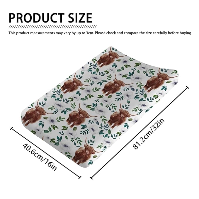 Highland Cows Floral Changing Pad Covers Highland Yak Flowers Leaves Diaper Change Table Pad Covers for Baby Girls and Boys Soft Breathable Stretch Changing Table Cover 32''x16'' Poppy