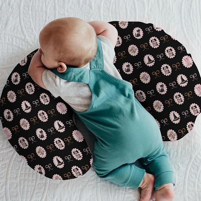 Cute Pink and Black Halloween Baby Nursing Pillow Covers for Girl Witch Cat Castle Floral Bows Nursery Pillowcase for Breastfeeding Pillows Spooky Halloween Soft Stretchy Removable Covers for Newborn