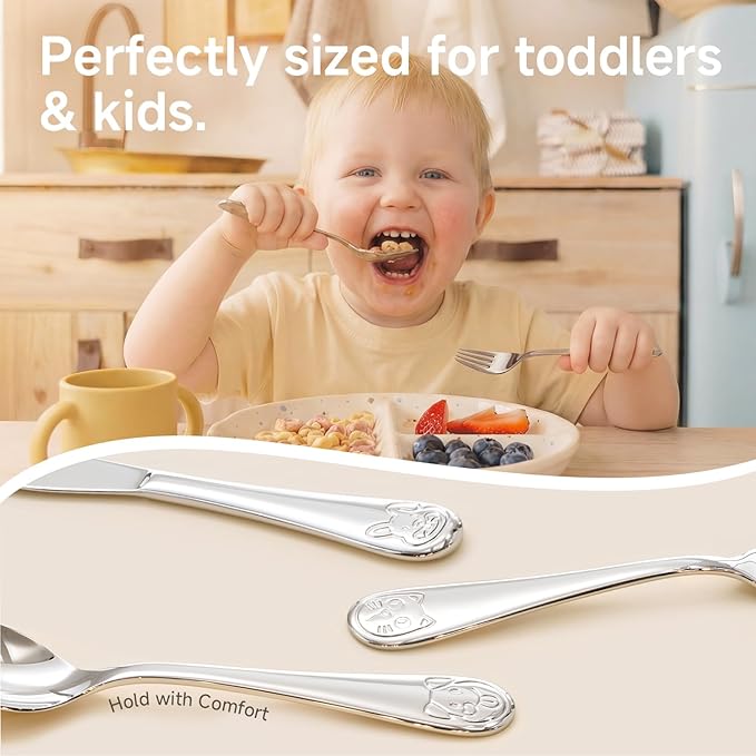 KINGSTONE Toddler Utensils Gift Set, 3-Piece Fork, Spoon & Knife, Large Size, 18/10 Stainless Steel, Cat & Dog Print, Ergonomic Kids Flatware for Self-Feeding, Ideal Birthday or Children Shower Gift