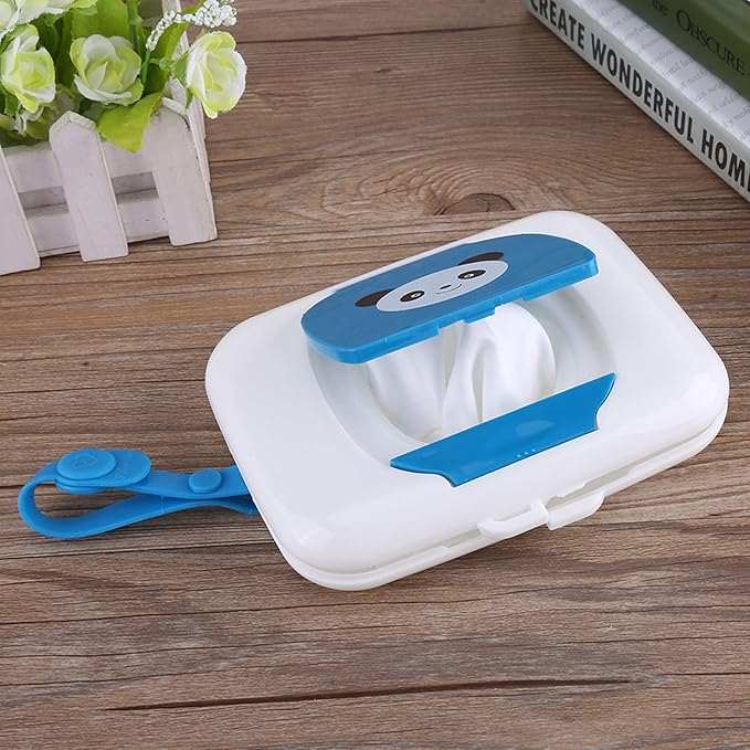 Baby Wipes Dispenser, Blue Panda Cartoon Baby Wet Tissue Box Cover, Baby Wipe Tissue Container with Sealing Design Lid