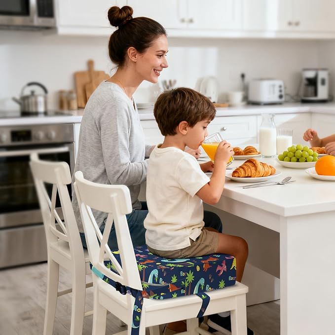 Toddler Booster Seat for Dining Table Kitchen Chair, Kids Booster Seat with Non-Slip Bottom and Adjustable Straps, 4" Detachable Washable Portable Travel Increasing Cushion (Cute Dinosaur)