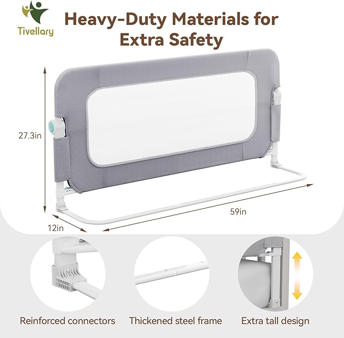 Tivellary 59’’ Reinforced Bed Rail for Toddlers – Extra Long Safety Guard with Thickened Material, Adjustable & Folding Bed Rails for Twin, Full, Queen, King Beds