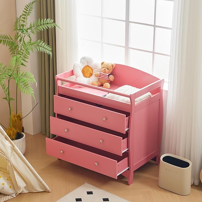 Karl home Changing Table，Dresser Baby Diaper Changing Station Infant Nursing Table with 3 Drawers, Safety Rail & Strap for Bedroom, Nursery, Pink
