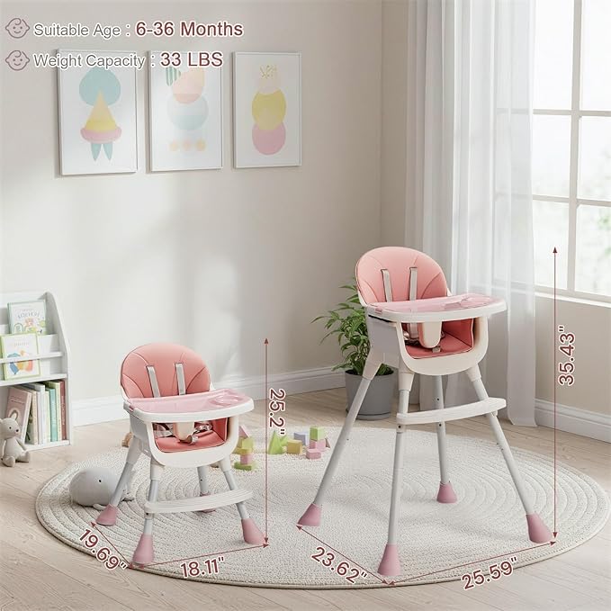 Ktaxon 3-in-1 Baby High Chair, Portable Adjustable Height Highchair with Removable Dual-Layer Tray, 5-Point Safety Harness and Footrest for Toddlers & Babies, Pink