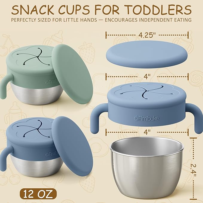 Fimibuke Snack Containers for Toddlers Kids, 12 OZ Spill Proof Stainless Steel Baby Snack Cups with Removable Silicone Food Catcher, Handles & Travel Lid BPA-Free Dishwasher Safe Food Container 2 Pack