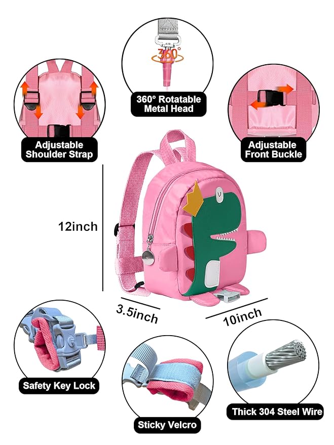 3 in 1 Toddler Harness Leash-Baby Walking Safty Harness + 8.2ft Anti Lost Wrist Link + Cute Dinosaur Backpack,Kids Walking Tether with Key Lock for Boy‘s Outdoor Activity Travel (Pink)