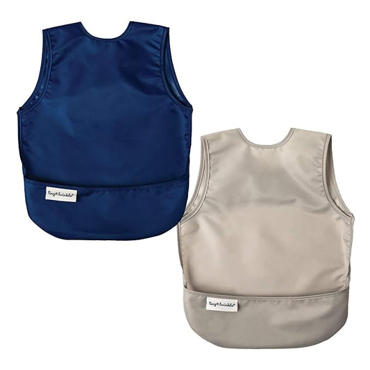Tiny Twinkle Mess Proof Baby Bibs | 2 Pack Waterproof Toddler Bib for Eating | Baby Apron for Feeding, Machine Washable, Perfect Shower Gift (Grey Indigo, 6–24M)