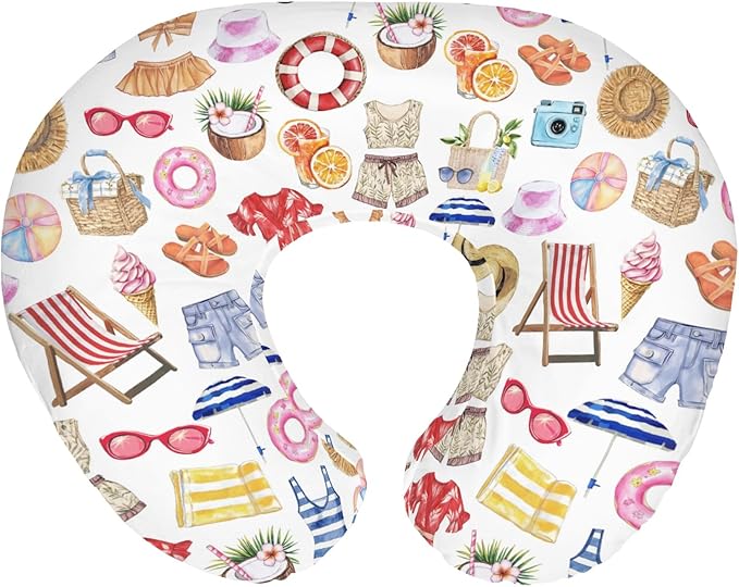 Watercolor Girl Beach Days Baby Nursing Pillow Covers for Boy Girl Summer Seaside Nursing Pillow Slipcovers for Breastfeeding Pillows Beach Vacation Holiday Soft Stretchy Cover for Newborn Infant