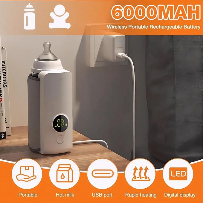 Portable Baby Bottle Warmer for Travel, Fast Heating & Precise Temp Control, Cordless Rechargeable Milk Warmer with LED Display, Waterless & Even Warming for Breastmilk On The Go
